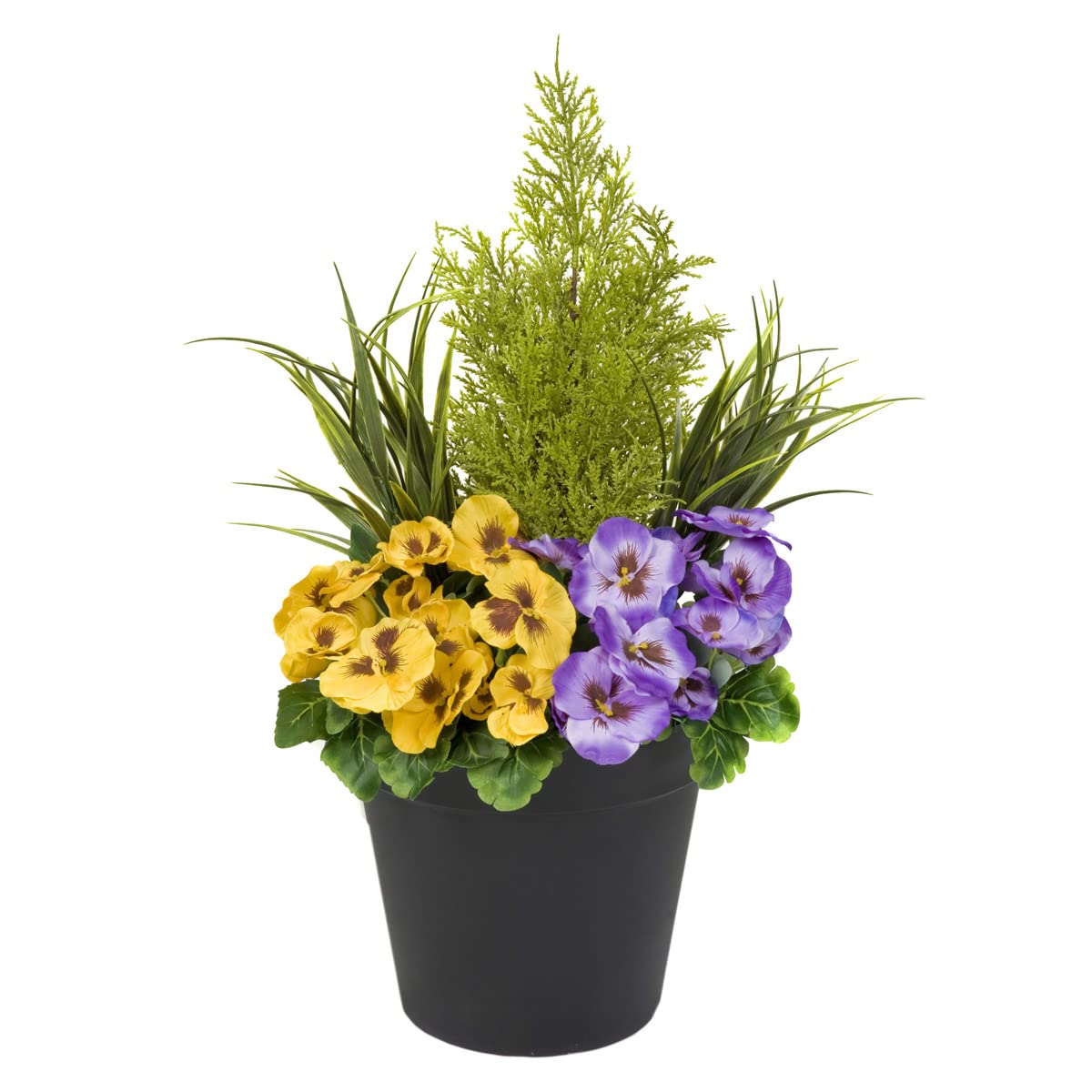 Artificial Purple and Yellow Faux Silk Pansies with Grasses/Conifer Topiary in a Black Pot Patio Planter Ideal for Home, Patio, Garden Outdoor Living 60cm/23.5in Purple & Yellow