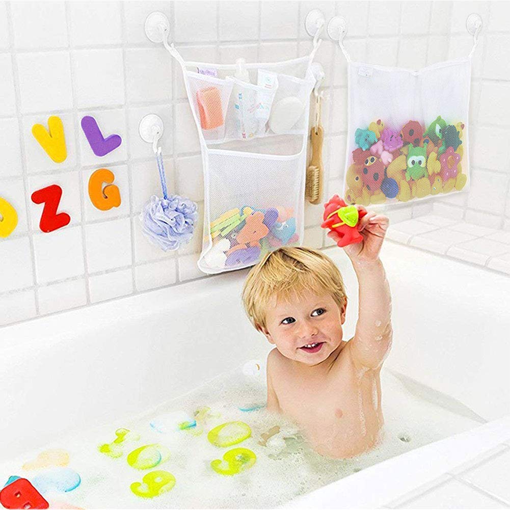 2 x Mesh Baby Bath Toy Storage + 36 Bath Toys Letters and Numbers - Toddlers Large Toy Organiser Net Bag for Baby Boys & Girls and Shower Caddy Bonuses: 6 Ultra Strong Suction Hooks (White)