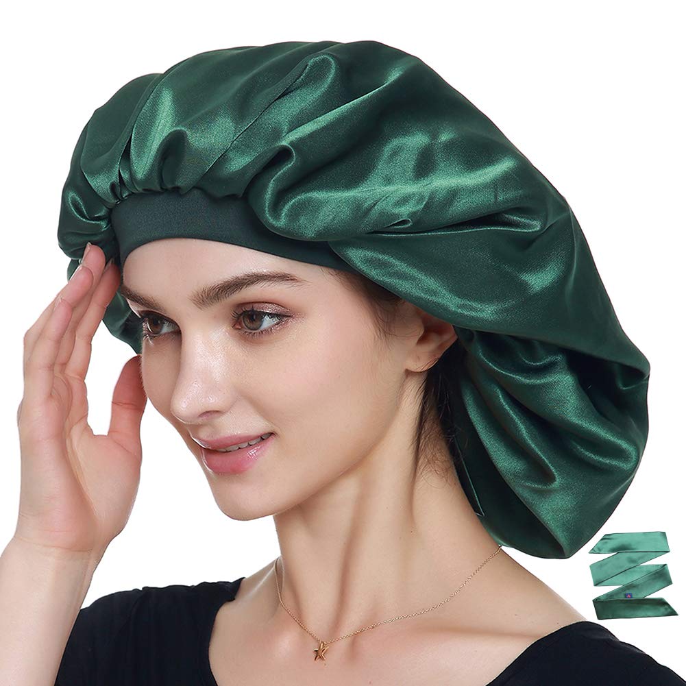 Alnorm Double Layered Satin Bonnet Oversized Sleep Cap for Hair Loss Women Green One Size