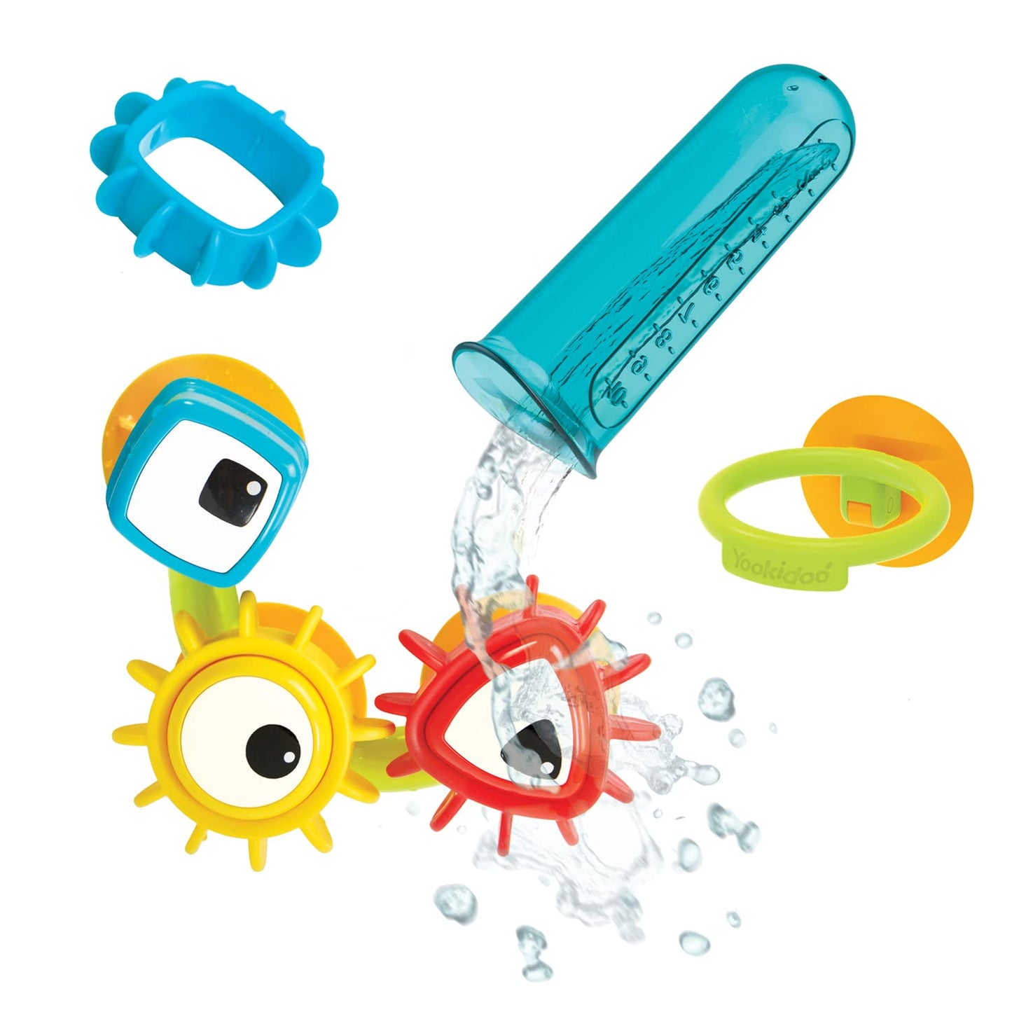 Yookidoo Kids Bath Toy - Spin 'N' Sort Water Gear - Children's Sensory Water Wheel Set That Attaches to Any Size Tub - Includes Suction Cups, 3 Googly Eye Gears, and Pourers