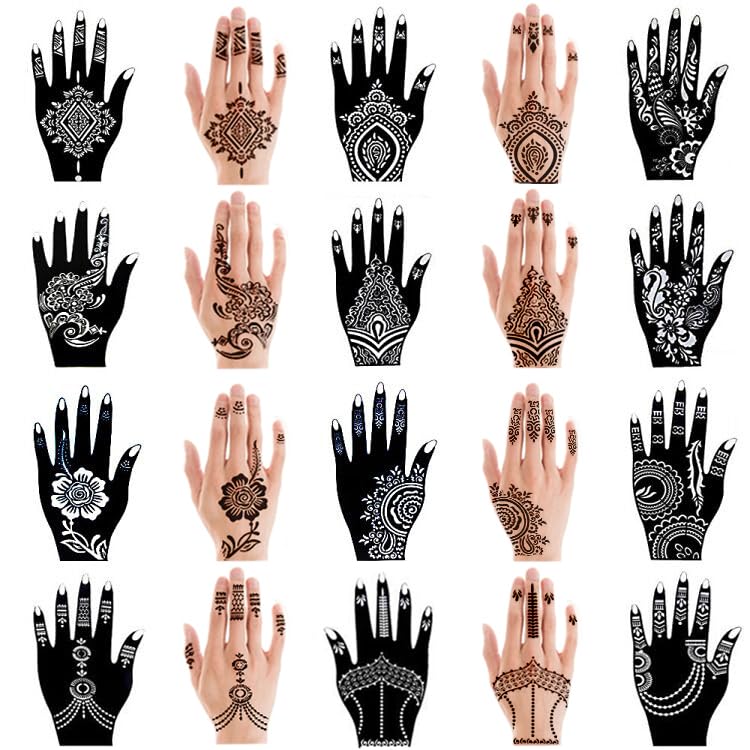 XMASIR 20 Pieces Temporary Tattoo Hand Stencils Kit for Women Girl, Indian Arabian Tattoo Sticker Tattoo Templates 20 X 10.5 cm