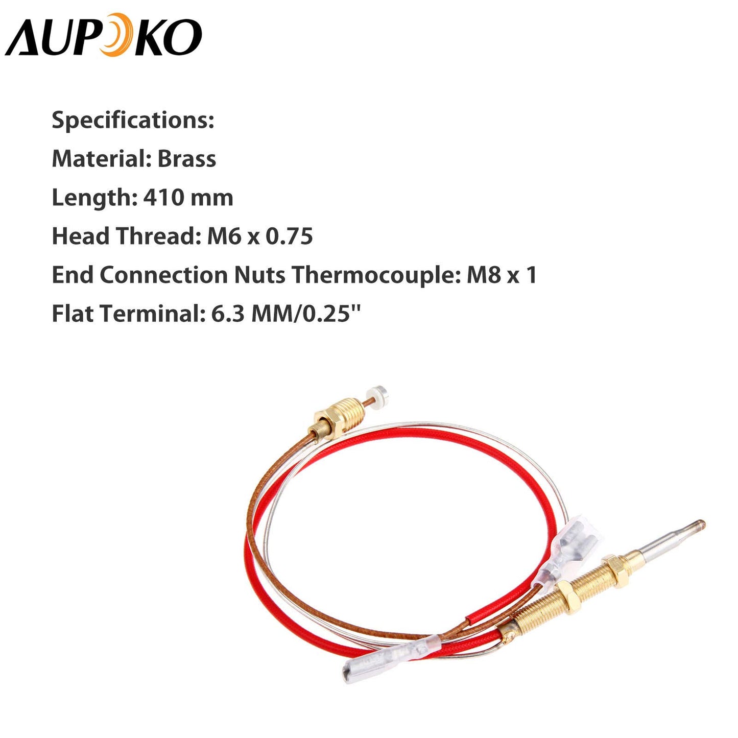 Aupoko Patio Heater Thermocouple, Outdoor Heater Replacement Parts M8 x 1 End Connection Nuts Thermocouple 410 mm Length M6 x 0.75 Head Thread with 6.3 MM/0.25'' Flat Terminal