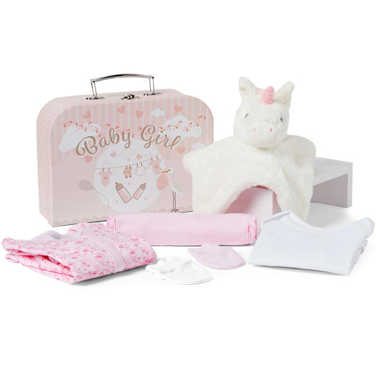 Baby Box Shop - 7 Newborn Baby Girl Gifts Ideal for Christening, Birthdays & Baby Shower Gifts - Includes Baby Essentials for Newborn Girl with Baby Comforter in Cute Keepsake Case, Baby Girl Hamper M Pink