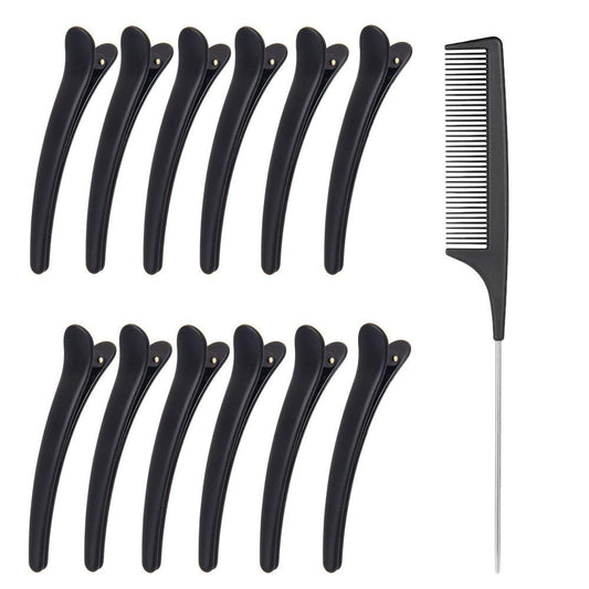 12pcs Hair Sectioning Clips + 1pcs Professional Anti-static Metal Tail Hair Comb, Makeup Hairdresser Clips for Styling of Women Girls Hairdressing Salon Tool Set