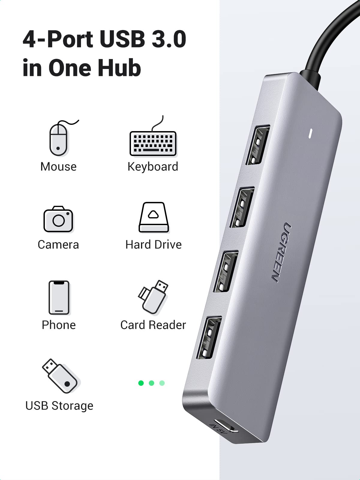 UGREEN USB C Hub, Slim Type C to 4 Port USB 3.0 Adapter, 5Gbps High-Speed Splitter Compatible with Thunderbolt 3 Macbook Pro iPad Pro Air XPS HP Envy Galaxy S22 and More 15cm