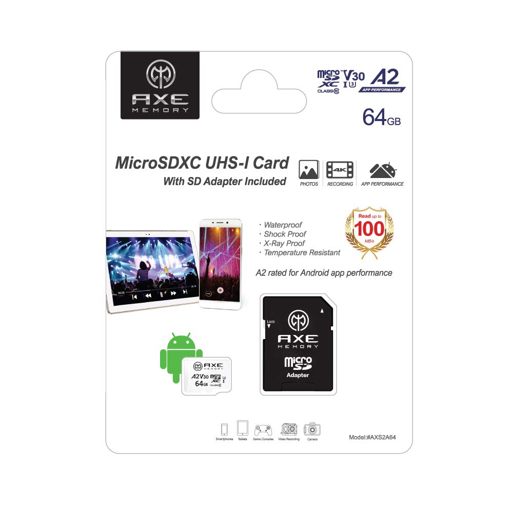 AXE MEMORY 64GB Micro SD Card 4K Ultra HD Video Premium Speed MicroSDXC Up To 100MB/S A2 V30 UHS-I U3 MicroSD, A2 Premium Speed, White 64 GB