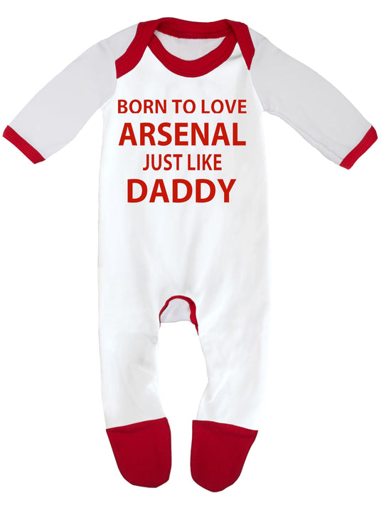 "Born To Love Arsenal Just Like Daddy' - Soft 100% Combed Cotton Football-Themed Baby Sleepsuit for Football Fans" 3-6 Months White/Red Trim