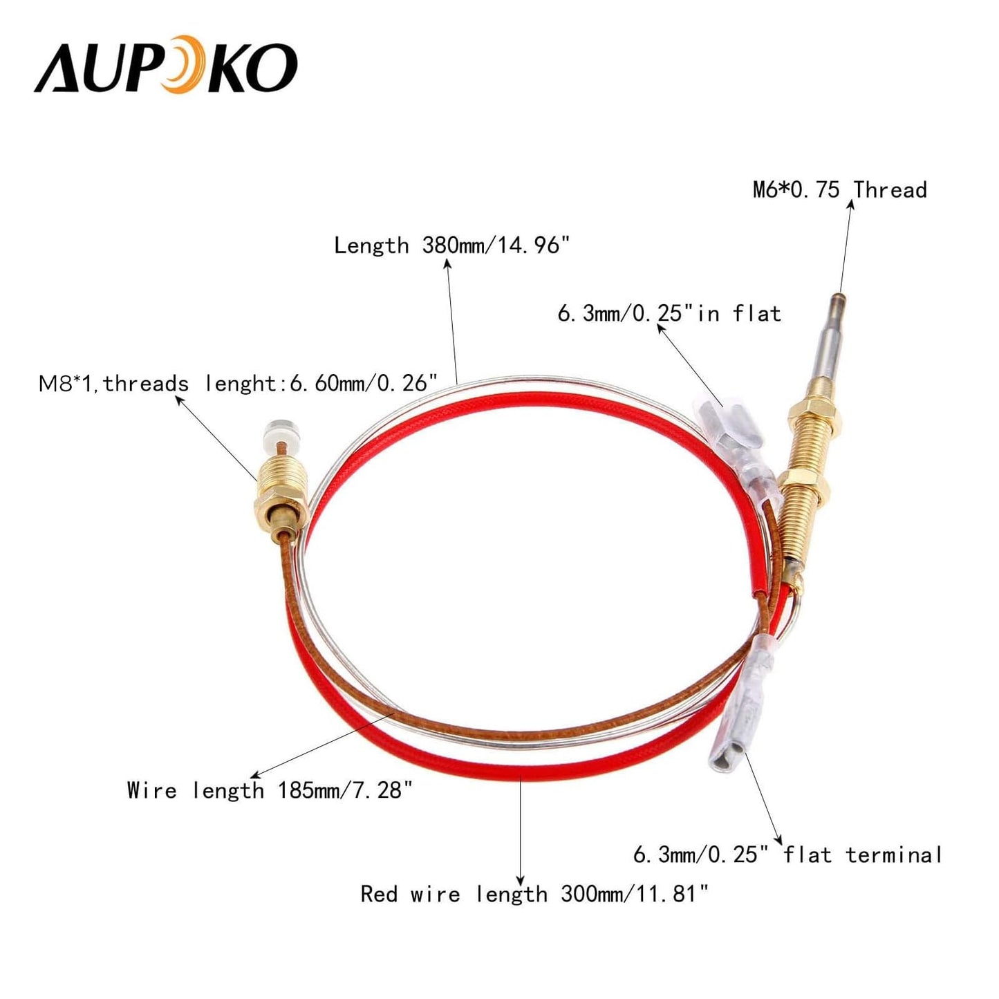 Aupoko Patio Heater Thermocouple, Outdoor Heater Replacement Parts M8 x 1 End Connection Nuts Thermocouple 410 mm Length M6 x 0.75 Head Thread with 6.3 MM/0.25'' Flat Terminal