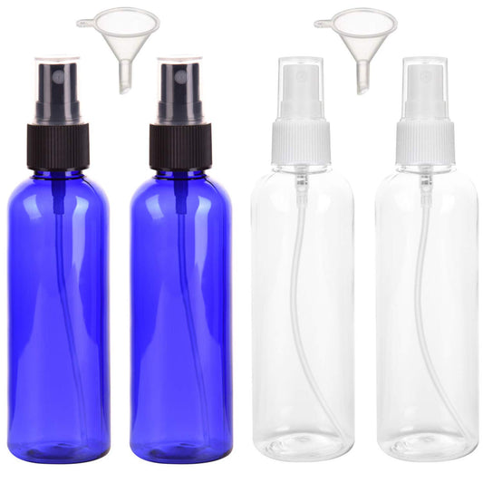 Yalbdopo 4PCS,100ml Spray Bottle Empty Plastic Fine Mist Travel Atomiser Spray Bottles Set Travel Size Bottle Toiletries Liquid Containers for Essential Oils, Perfumes