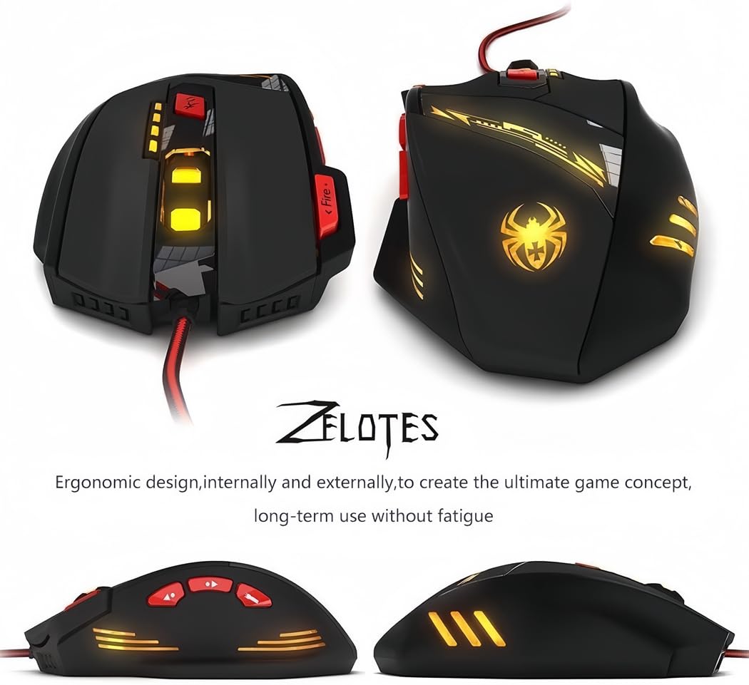 zelotes T90 Gaming Mouse 9200 DPI, 8 Programmable Buttons Multi-Modes LED lights USB Gaming Mice, Weight Tuning for Laptop, Desktop, PC, Macbook - Black