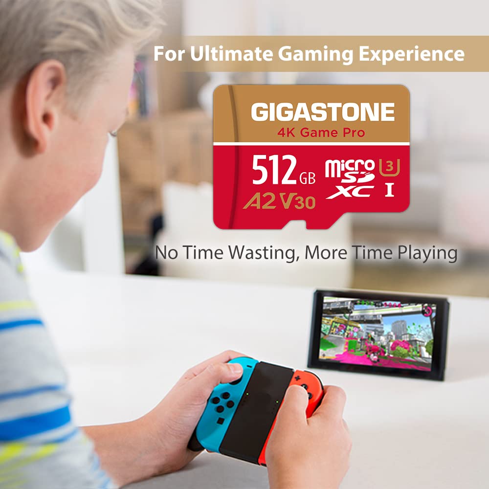 [5-Yrs Free Data Recovery] Gigastone 512GB Micro SD Card, Game Pro, MicroSDXC Memory Card for Nintendo-Switch, GoPro, Action Camera, DJI, 4K UHD Video, R/W up to 100/60 MB/s, UHS-I U3 A2 V30 C10 512 GB Game Pro 1PK