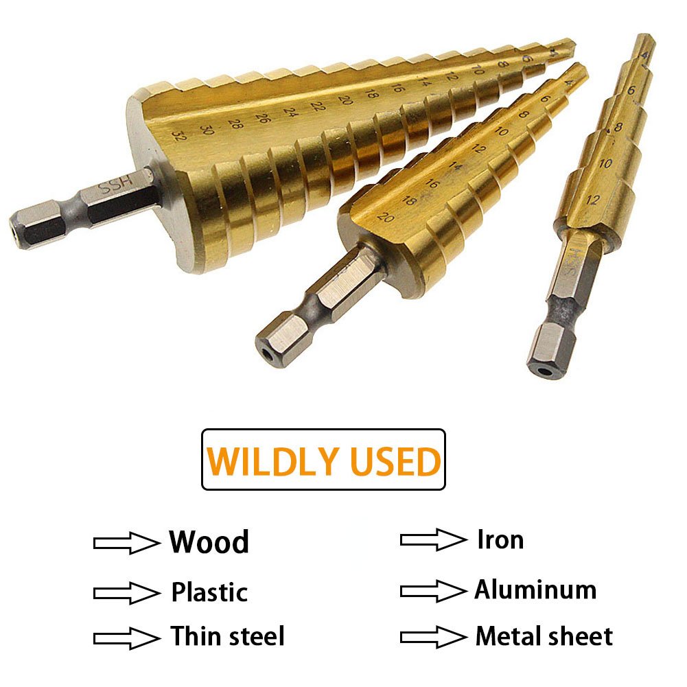 3PCS HSS Step Bits, High Speed Steel Step Drill Bits Set - (4-12mm, 4-20mm and 4-32 mm) Cone Drill Bits Hole Cutter for Wood, Stainless Steel, Sheet Metal