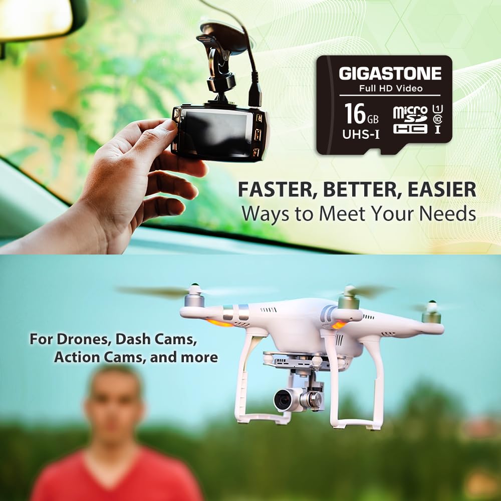 [Gigastone] 16GB Micro SD Card, Full HD Video, Surveillance Security Cam Action Camera Drone, 85MB/s Micro SDHC UHS-I U1 C10 Class 10, with Adapter 16 GB C10 1PK