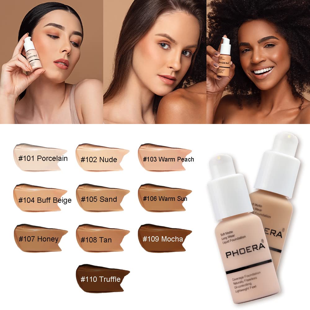 Aquapurity Phoera® Full Coverage Foundation Soft Matte Oil Control Concealer 30ml Flawless Cream Smooth Long Lasting (104 BUFF BEIGE) 104 BUFF BEIGE 1 count (Pack of 1)