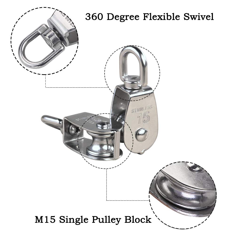 12Pcs Single Pulley Block (M15), MERYSAN 304 Stainless Steel Hanging Wire Towing Wheel, Swivel Lifting Wire Rope Cable Pulley Roller, Max-load 35kg/77lbs 12pcs