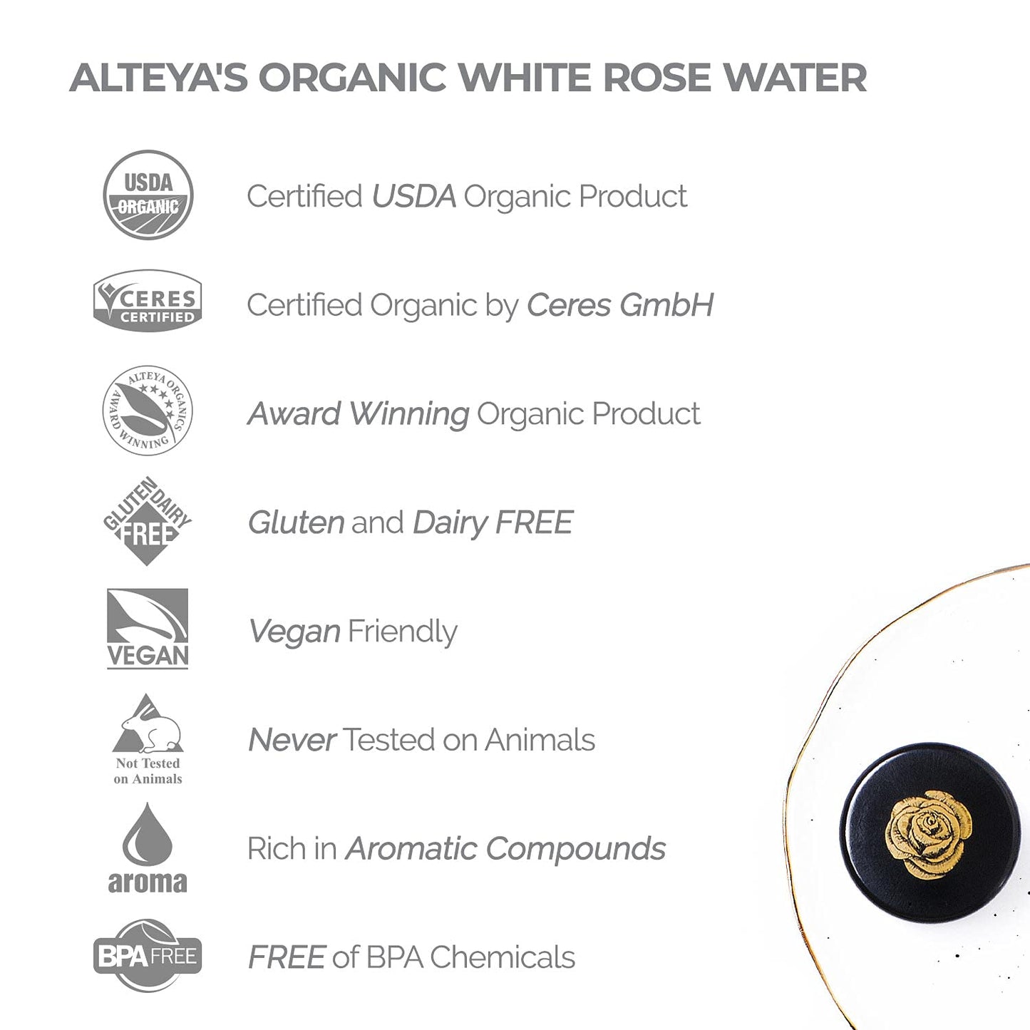 Alteya Organic White Rose Water Spray 100ml - Pure Organic Rosa Alba Hydrolat - No Artificial Ingredients - USDA Certified Organic - Best for Sensitive Skin - Face Toner, Condition Hair & Scalp