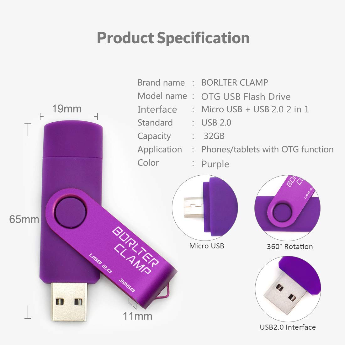 32GB OTG Memory Stick Dual USB Flash Drive, Thumb Drive with Micro USB Drive Port for Android Smartphone Tablet & Computer (Purple) 32GB Purple