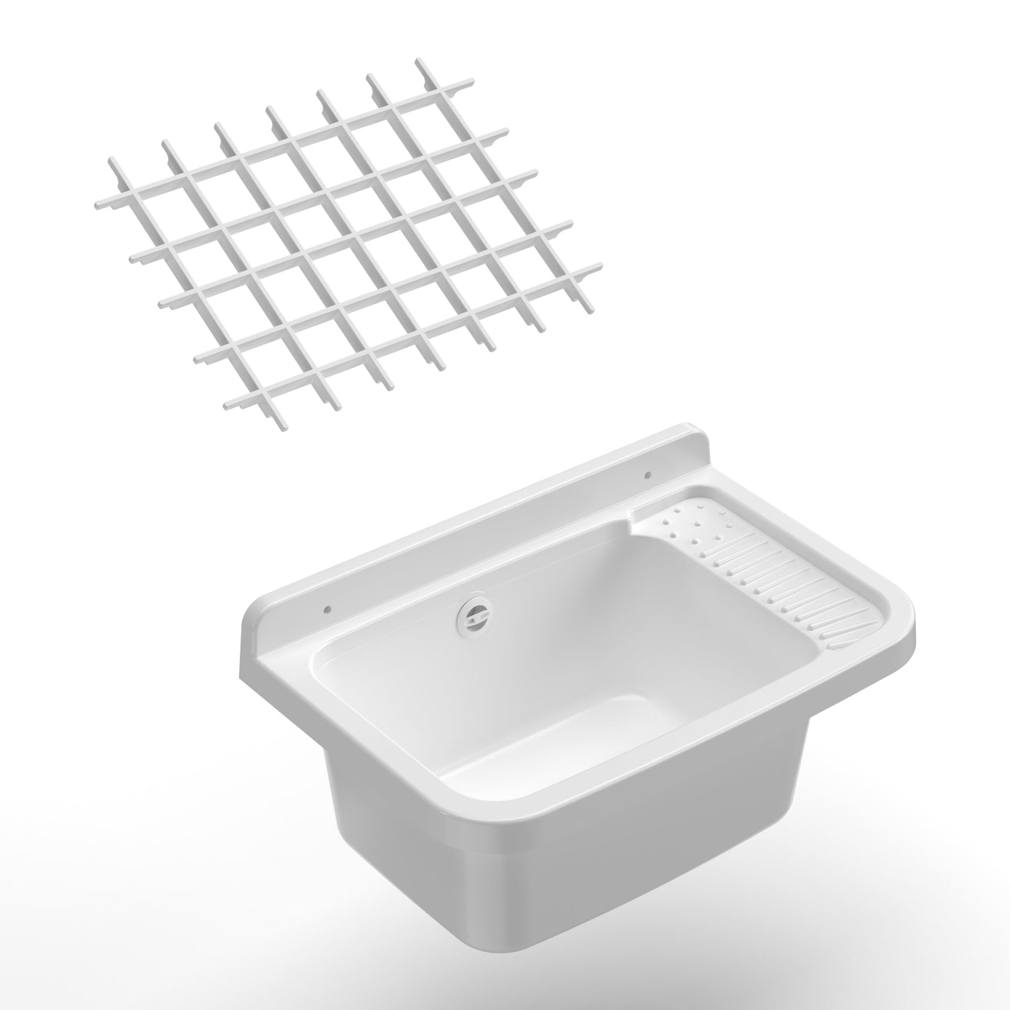 Adventa PP Resin Bowl with Grid, Wall mounting, with Siphon and Waste, Resistant to acids of Common use, Laundry, Garage, Outdoor, 50L x 35D x 24H cm, White, 50x35x24