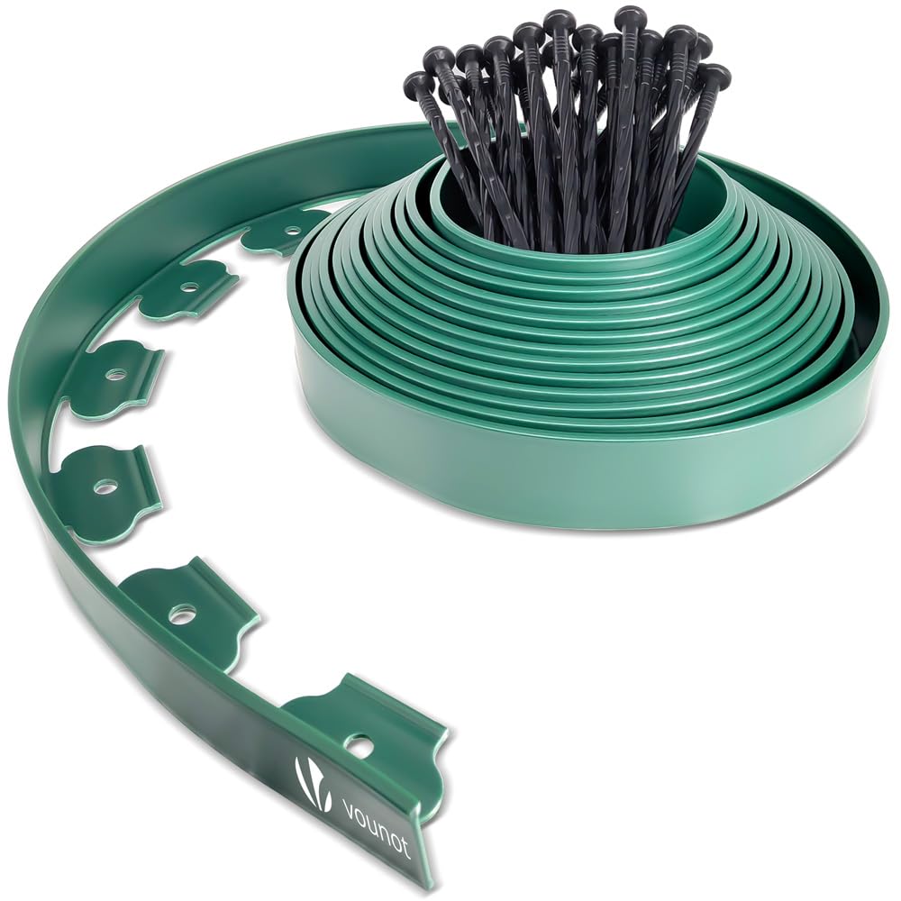 VOUNOT 10m Flexible Lawn Edging, Plastic Garden Edging Border with 30 Strong Securing Pegs, Height 5cm, Green