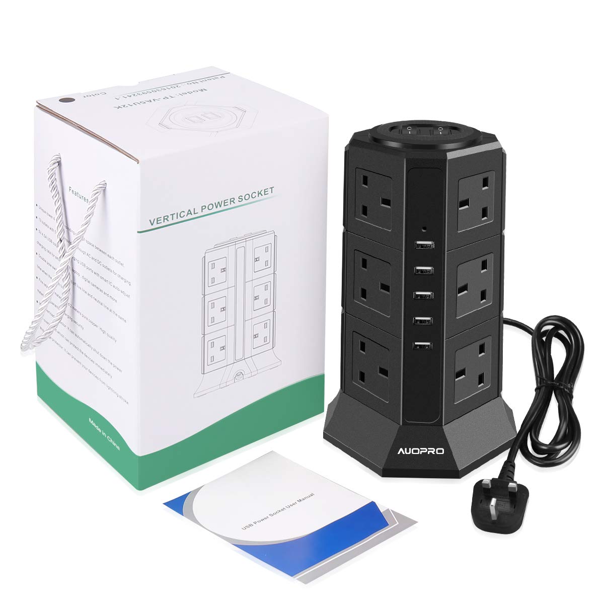 AUOPRO Surge Protector Extension Lead with USB Slots, Vertical Tower Power Strip Switched Desktop Charging Station, 12 Socket and 5 USB Slots, 2 Metre Extension Cable