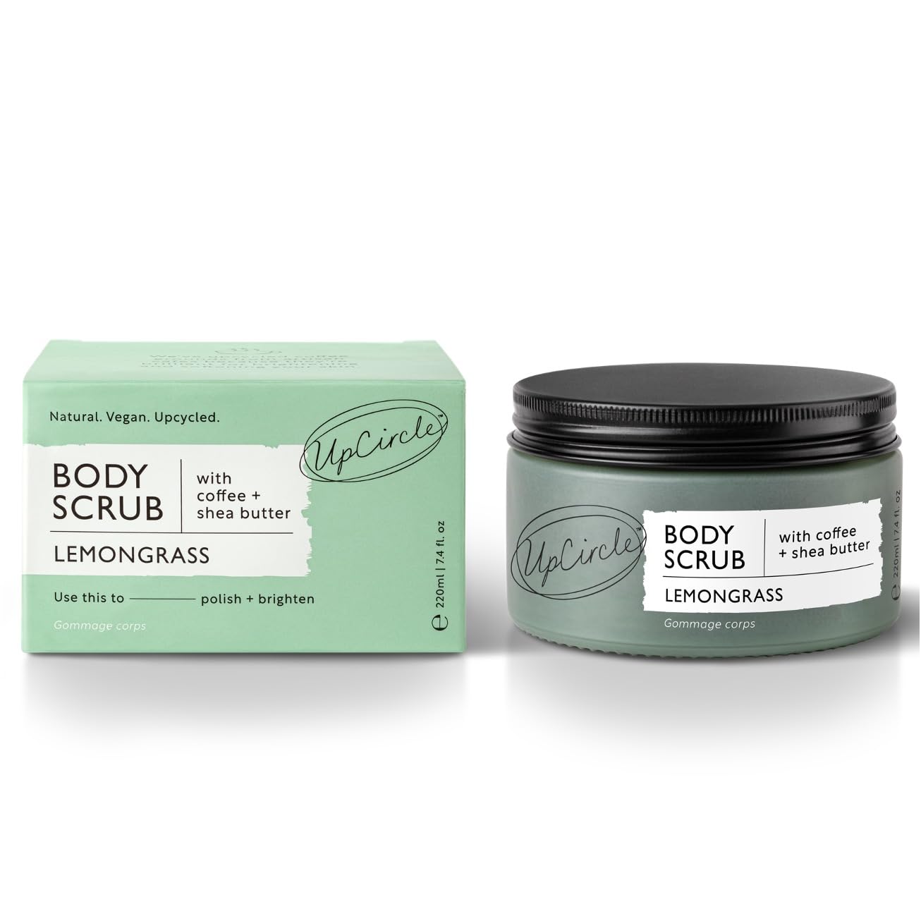 UpCircle Exfoliating Coffee Body Scrub with Lemongrass 220ml - Sea Salt, Shea Butter + Coconut Oil - Exfoliates Your Skin + Improves Circulation - Natural, Vegan Exfoliator For Soft, Smooth Skin