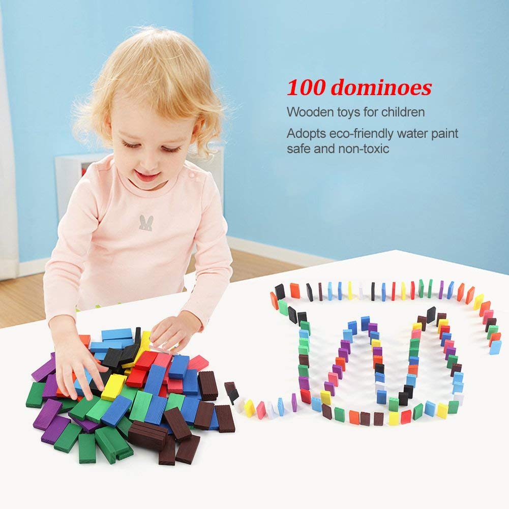 Zerodis Kids Wooden Toy Set, 100Pcs/set Wooden Dominoes Set Racing Toy Game Classic Numbers Table Game Baby Educational Toy for Children Toddlers