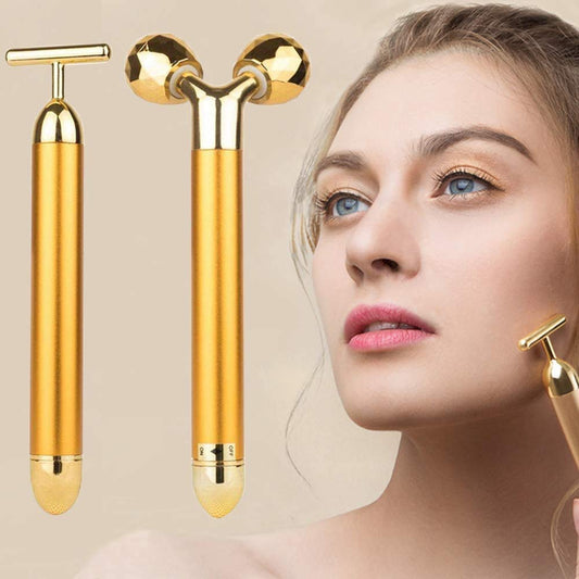 2 IN 1 Gold Facial Massager, Electric 3D Face Roller and T Shape Arm Eye Nose Head Massager Instant Face Lift Anti Wrinkles