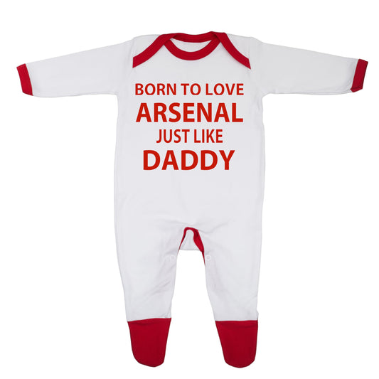 "Born To Love Arsenal Just Like Daddy' - Soft 100% Combed Cotton Football-Themed Baby Sleepsuit for Football Fans" 3-6 Months White/Red Trim