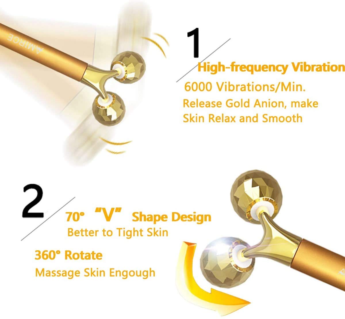 2 IN 1 Gold Facial Massager, Electric 3D Face Roller and T Shape Arm Eye Nose Head Massager Instant Face Lift Anti Wrinkles