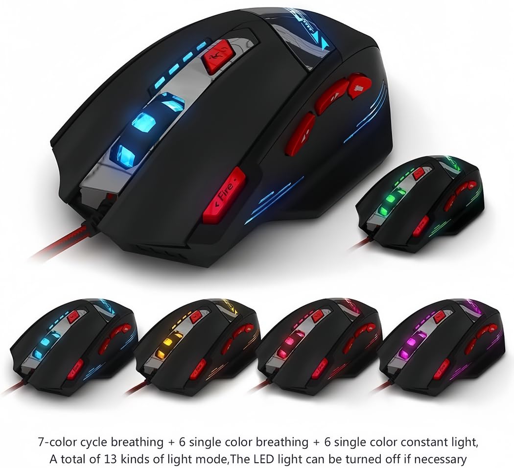 zelotes T90 Gaming Mouse 9200 DPI, 8 Programmable Buttons Multi-Modes LED lights USB Gaming Mice, Weight Tuning for Laptop, Desktop, PC, Macbook - Black