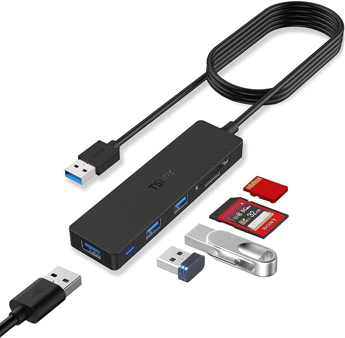 TSUPY USB Hub 3.0, 5 in 1 USB Hub Card Reader with 120cm Extension Cable, 3 x USB 3.0 Ports + SD/TF Card Reader USB Extender Hub for PC, Laptop, Flash Drives, PS4, HDD and More 1.2M câble