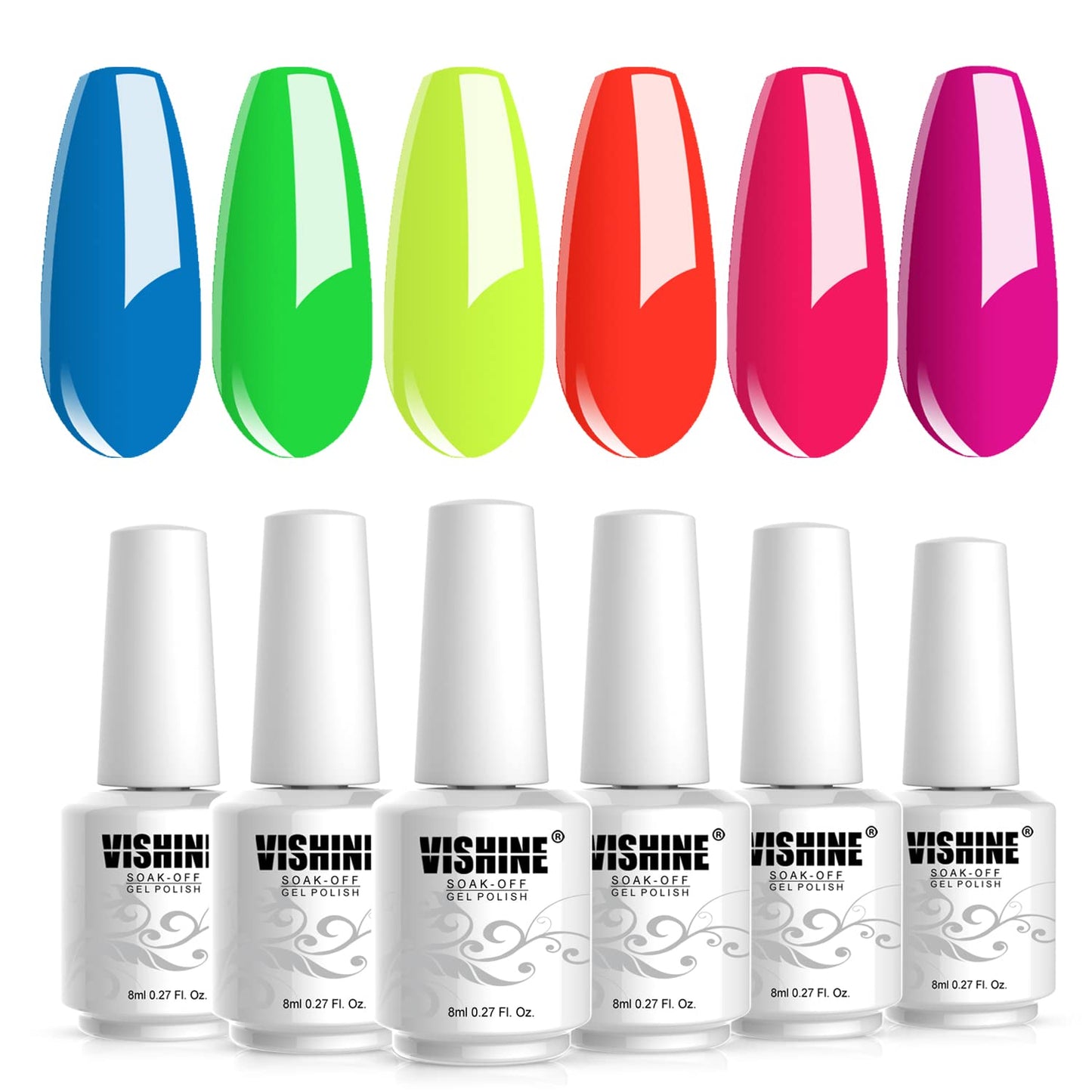 Vishine Gel Nail Polish Starter Kit - 6PCS Neon Yellow Green Orange Red Gel Nail Varnish Soak Off Bright Color UV LED Manicure Gift Set 8ML