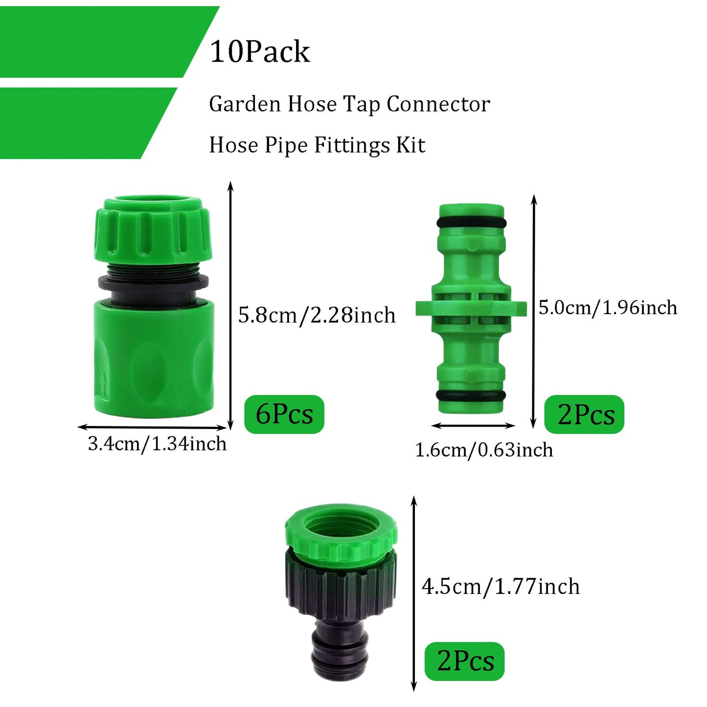 10Pack Garden Pipe Fittings Kit for Outdoor Tap - 2 Double Male & 6 Quick Snap Connectors, 2 Hose Tap Connectors (1/2'' & 3/4'' Size 2-in-1) 10 Pack