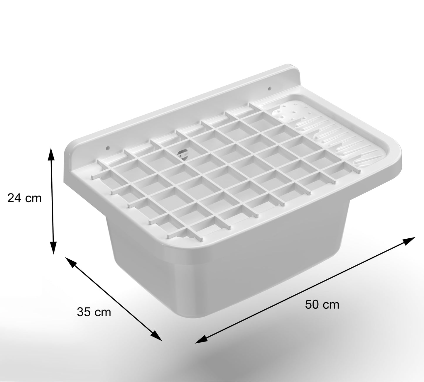 Adventa PP Resin Bowl with Grid, Wall mounting, with Siphon and Waste, Resistant to acids of Common use, Laundry, Garage, Outdoor, 50L x 35D x 24H cm, White, 50x35x24