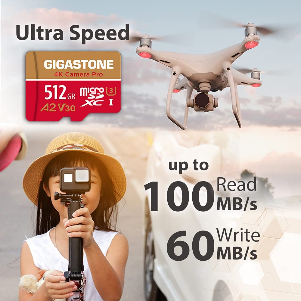 [5-Yrs Free Data Recovery] Gigastone 512GB Micro SD Card, 4K Video Recording for GoPro, Action Camera, DJI, Drone, Nintendo-Switch, R/W up to 100/60 MB/s MicroSDXC Memory Card UHS-I U3 A2 V30 C10 512GB Camera Pro 1-Pack