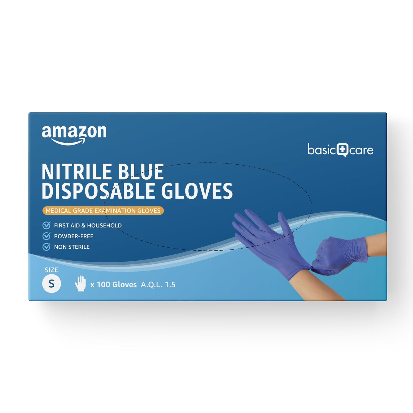 Amazon Basic Care Nitrile Blue Disposable Gloves, Powder-free, Size S, 100 Count (Previously Hevea Brand)