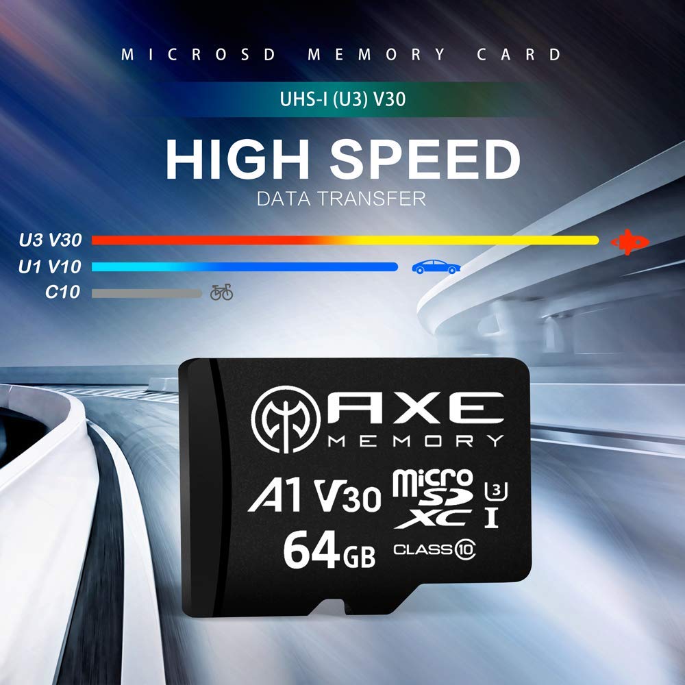 AXE MEMORY 64GB Micro SD Card 4K Ultra HD Video High Speed MicroSDXC Up To 95MB/S A1 V30 UHS-I U3 MicroSD, A1 High Speed, Black 64 GB