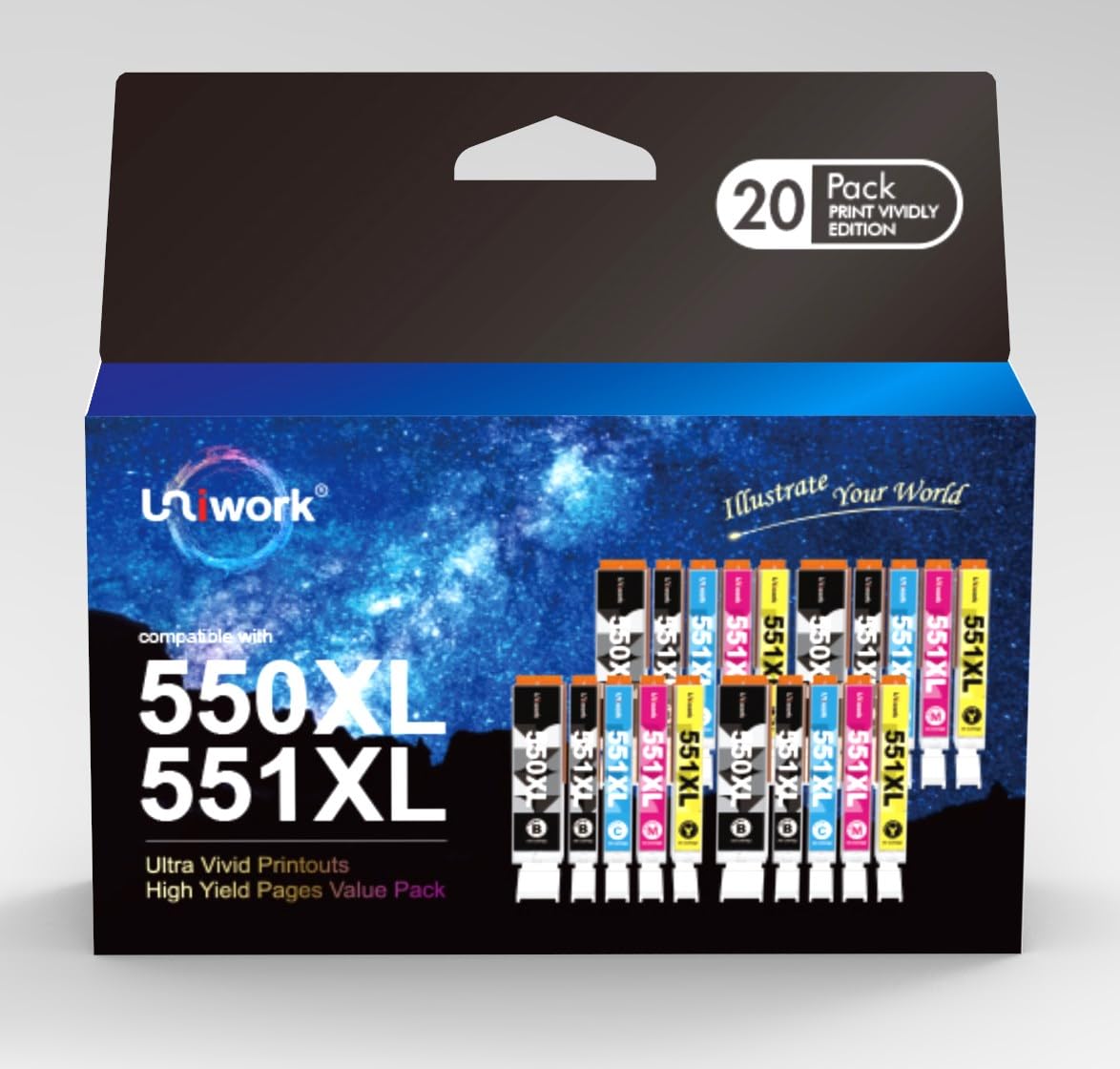 Uniwork 550XL 551XL Compatible Ink Cartridge Replacement for Canon PGI 550XL CLI 551XL Pixma iP7250 MG5650 MX925 iX6850 MG5550 MG5450 MG6650 MX920 MG5400 MG6450(PGBK Black Cyan Magenta Yellow,20-Pack) 550XL 20-Pack