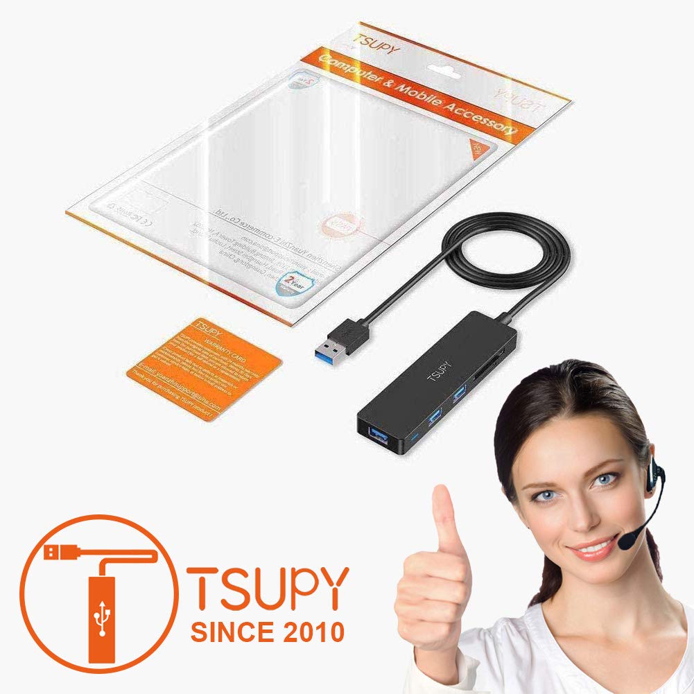 TSUPY USB Hub 3.0, 5 in 1 USB Hub Card Reader with 120cm Extension Cable, 3 x USB 3.0 Ports + SD/TF Card Reader USB Extender Hub for PC, Laptop, Flash Drives, PS4, HDD and More 1.2M câble