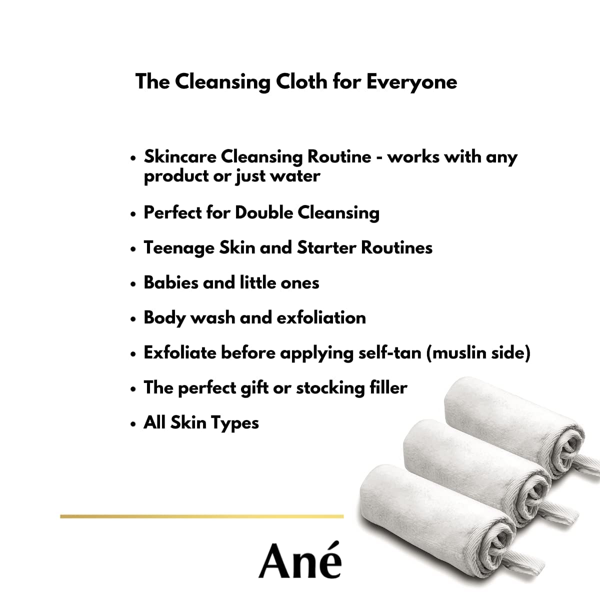 Ané 3 Double Sided Organic Cotton Muslin and Microfibre Cleansing and Exfoliating Flannel Face Cloth for Cleansing, Makeup Remover and Gentle Face Exfoliation