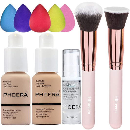 2 PCS PHOERA Foundation Full Coverage Foundation PHOERA Primer,Kabuki Makeup Brushes Foundation Brush Powder Brush,5 Makeup Sponge,30ml PHOERA Matte Oil Control Concealer (102 Nude +104 Buff Beige) 340 g (Pack of 1) 102 Nude +104 Buff Beige