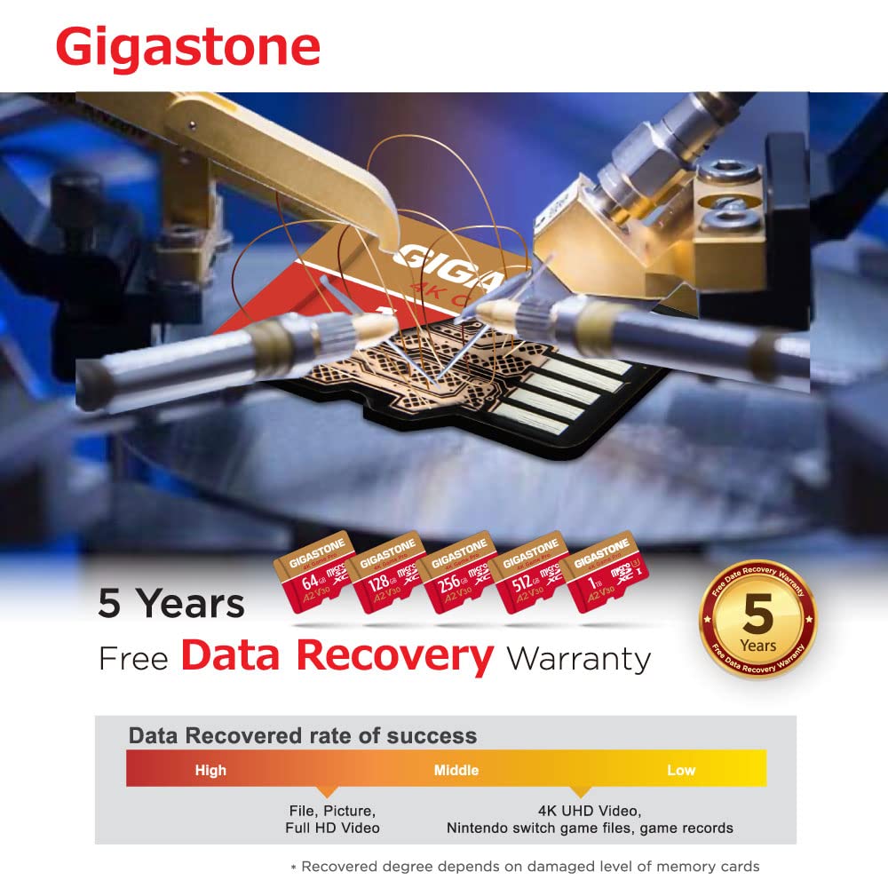 [5-Yrs Free Data Recovery] Gigastone 512GB Micro SD Card, Game Pro, MicroSDXC Memory Card for Nintendo-Switch, GoPro, Action Camera, DJI, 4K UHD Video, R/W up to 100/60 MB/s, UHS-I U3 A2 V30 C10 512 GB Game Pro 1PK