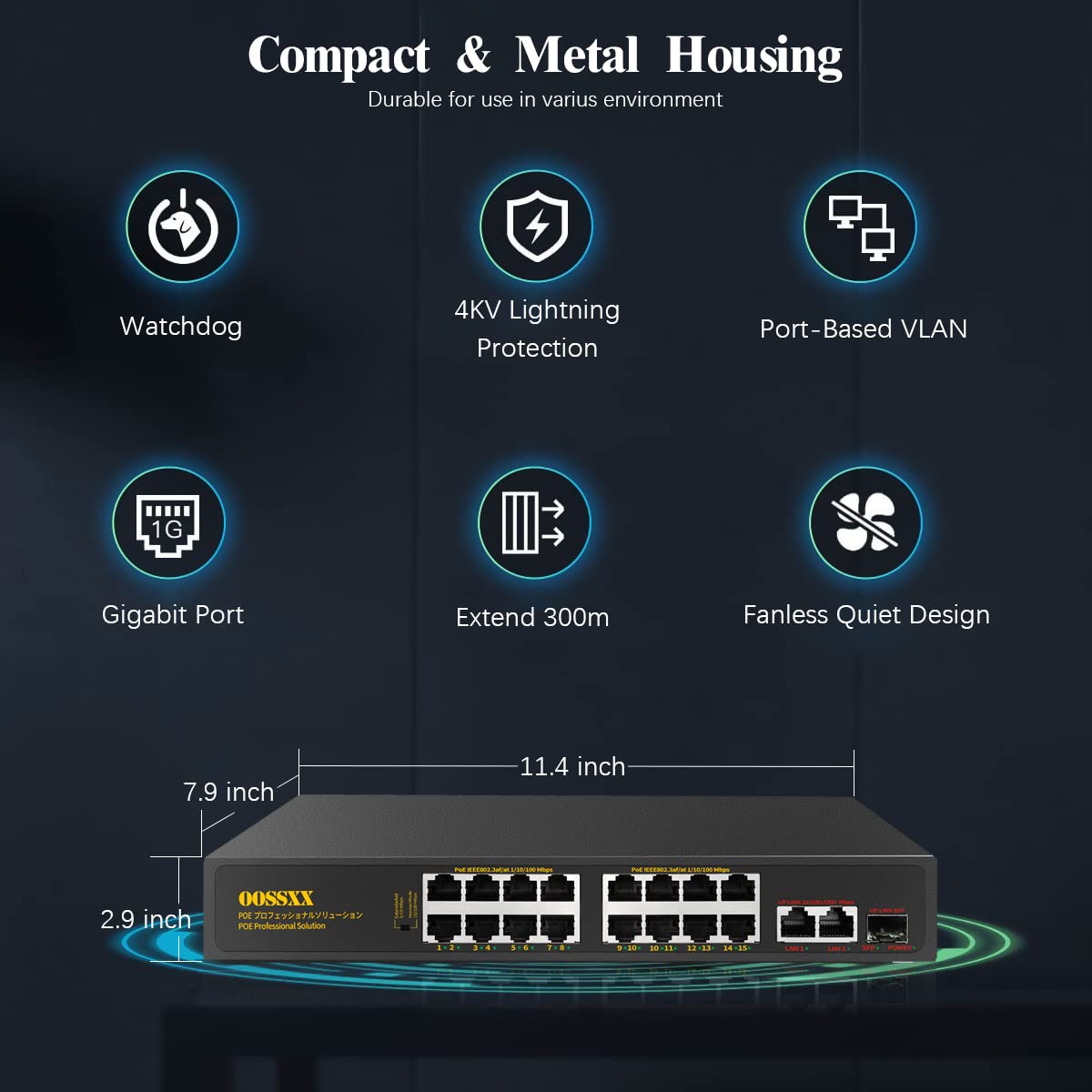 {Gigabit Uplink} 16 Port PoE+100Mbps,2 Gigabit Uplink Ports,1 SFP Port,@300W Unmanaged switch/IEEE802.3af/at/ Plug Play Network Switch Desktop or Rack Mountable 16PoE(G)+2G