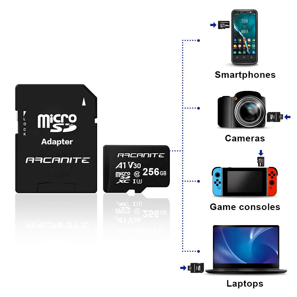 ARCANITE 256GB microSDXC Memory Card with Adapter - A1, UHS-I U3, V30, 4K, C10, Micro SD, Optimal read speeds up to 90 MB/s A1 High Speed 256 GB