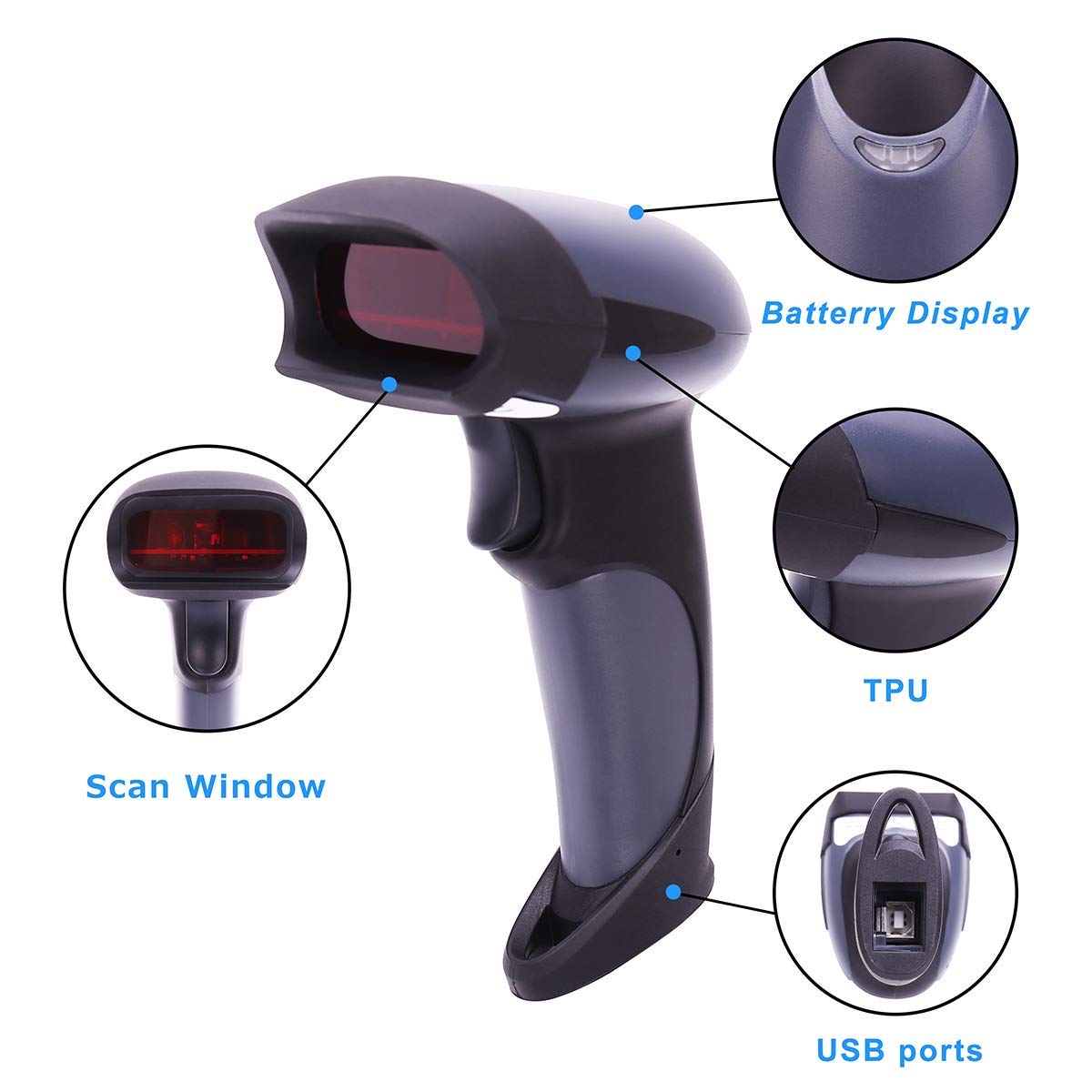 Wireless Barcode Scanner 1D 2.4GHz, USB Barcode Scanner 100m Range Laser Handheld Scanner with 1800 mAh Battery Cordless Handheld Scanner Handheld Reader Ergonomic Design, Plug and Play Deep Blue