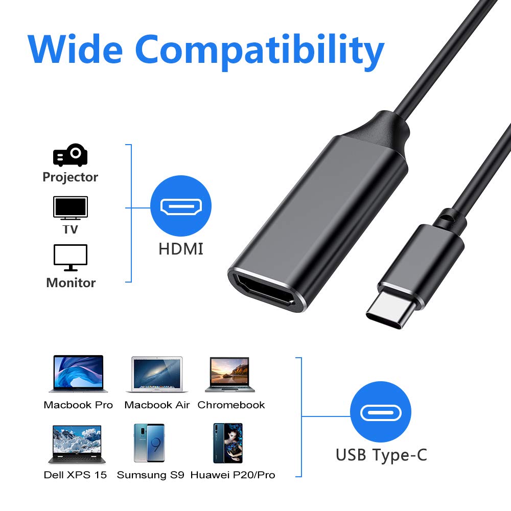 USB C to HDMI Adapter, Type c to HDMI 4K Adapter (Thunderbolt 3 Compatible) with Video Audio Output for iPhone 15,MacBook Pro 2018/2017/2016, Samsung Note 9/S9/Note 8/S8, Huawei Mate 20 and More Black