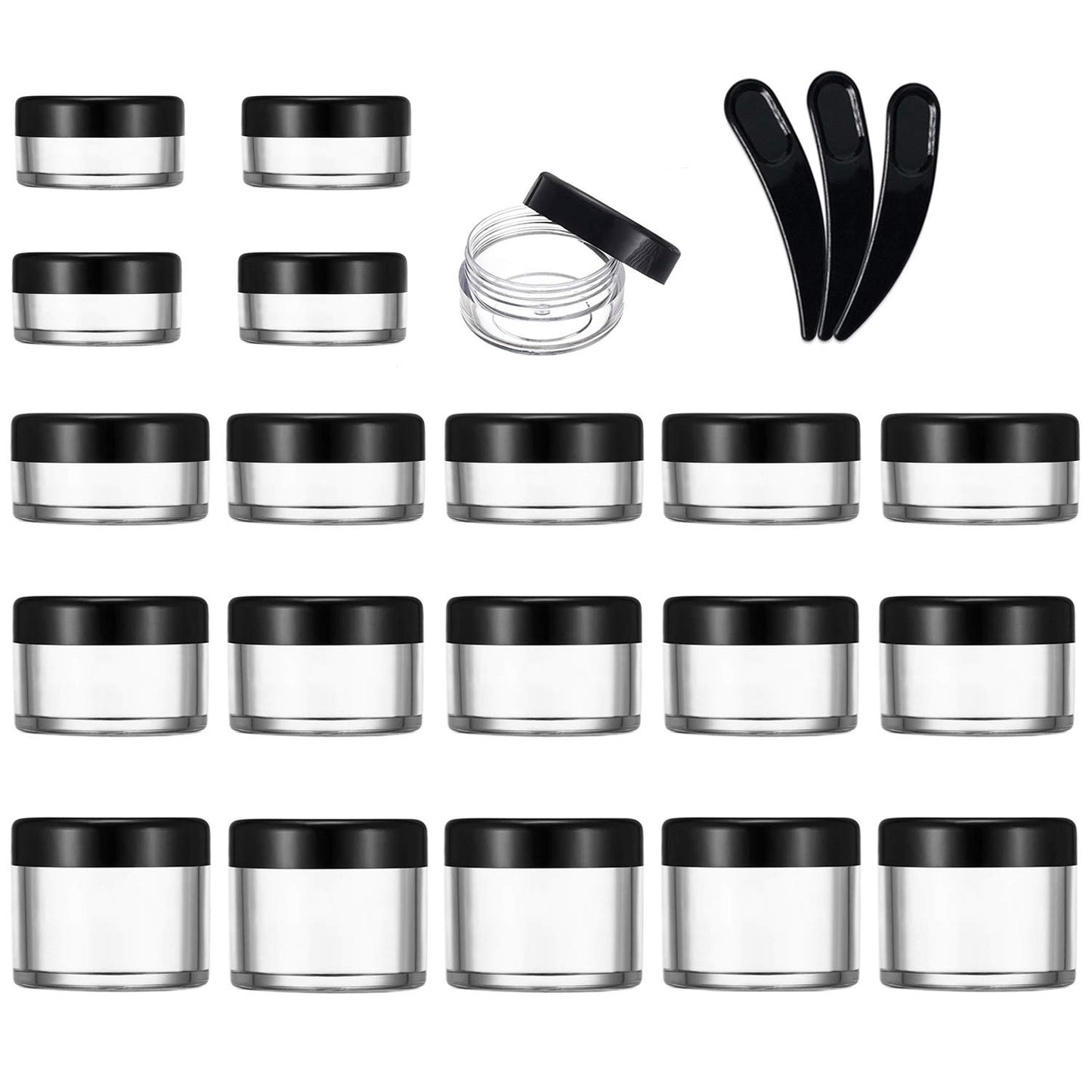 20 Pcs Empty Cosmetics Container Pots Travel Plastic Jars with Black Screw Lids for Cream, Sample, Powder, Makeup Storage (5, 10, 15, 20 Gram), Includes 3 Pack Mini Spatula by Yalbdopo