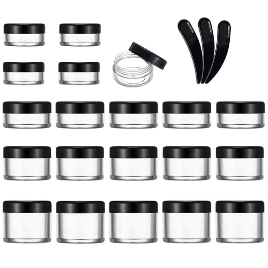 20 Pcs Empty Cosmetics Container Pots Travel Plastic Jars with Black Screw Lids for Cream, Sample, Powder, Makeup Storage (5, 10, 15, 20 Gram), Includes 3 Pack Mini Spatula by Yalbdopo