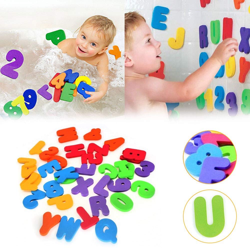 2 x Mesh Baby Bath Toy Storage + 36 Bath Toys Letters and Numbers - Toddlers Large Toy Organiser Net Bag for Baby Boys & Girls and Shower Caddy Bonuses: 6 Ultra Strong Suction Hooks (White)