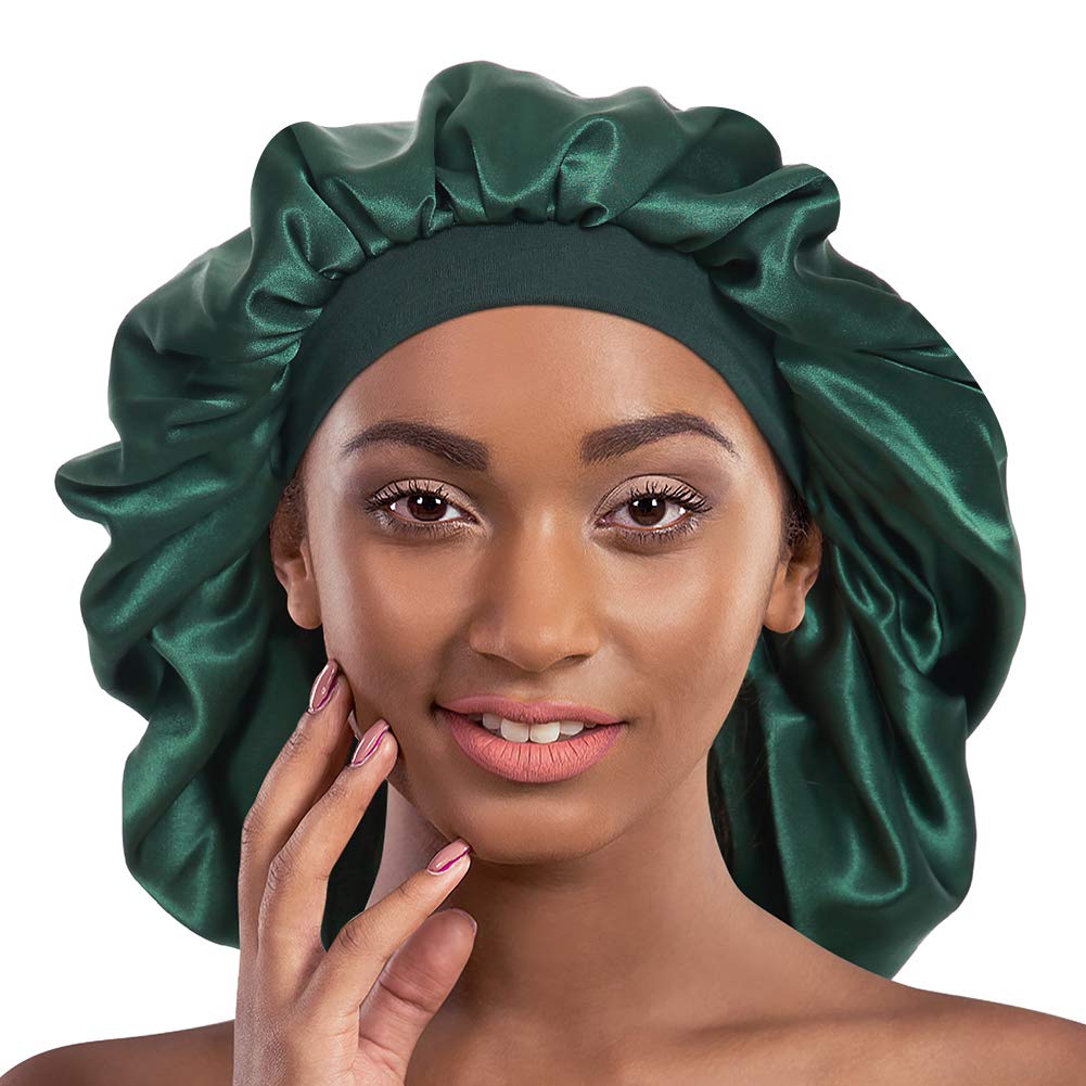 Alnorm Double Layered Satin Bonnet Oversized Sleep Cap for Hair Loss Women Green One Size